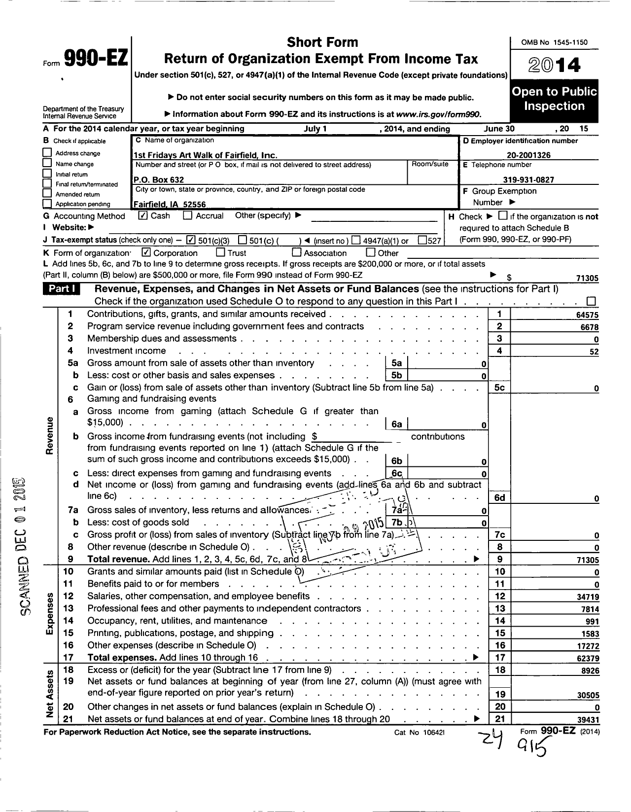 Image of first page of 2014 Form 990EZ for 1st Fridays Art Walk of Fairfield