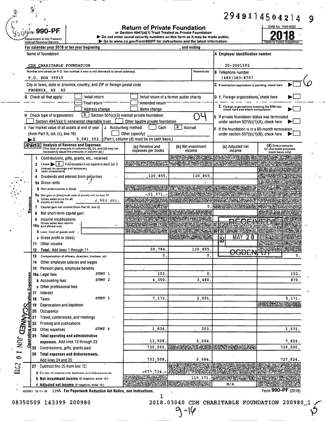 Image of first page of 2018 Form 990PF for CDH Charitable Foundation