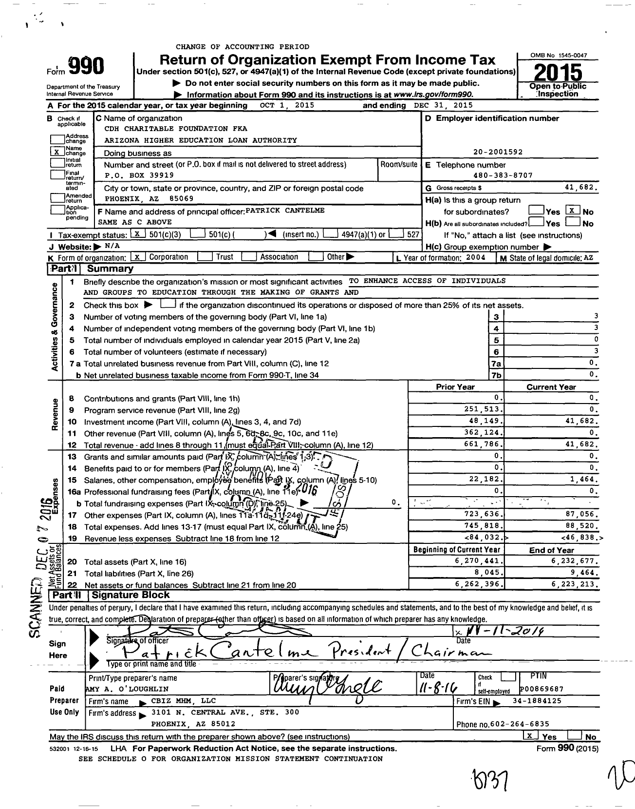 Image of first page of 2015 Form 990 for CDH Charitable Foundation