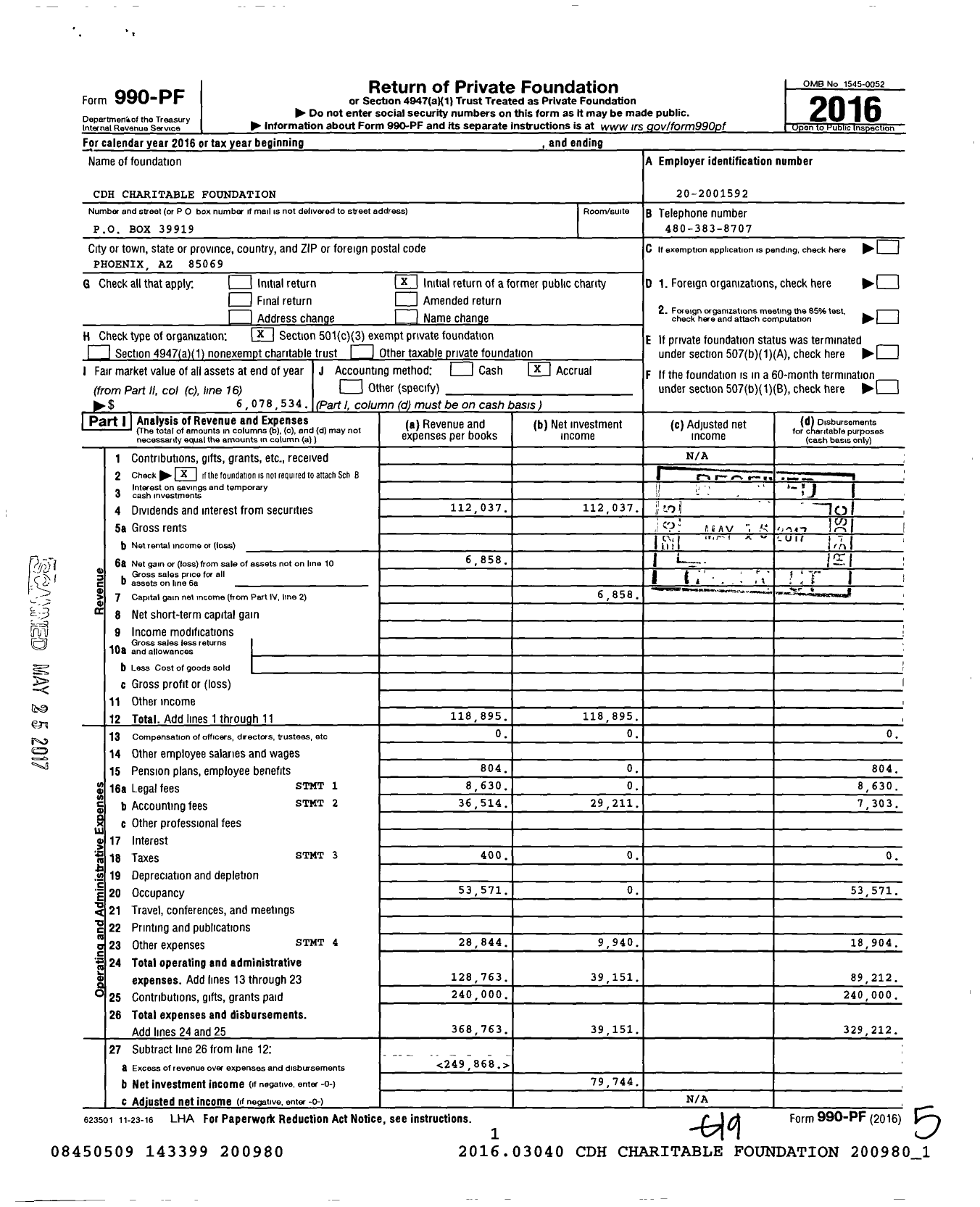 Image of first page of 2016 Form 990PF for CDH Charitable Foundation