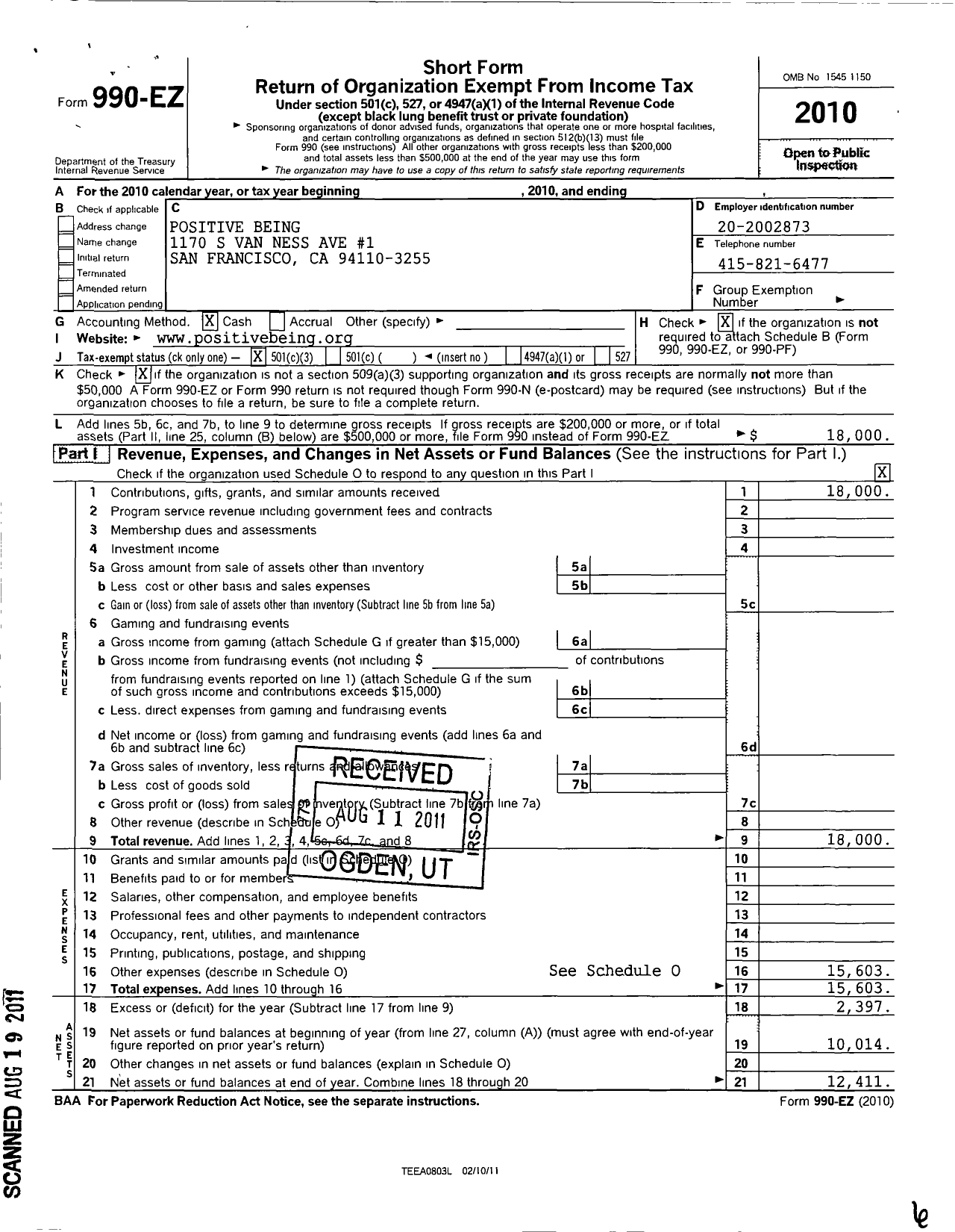 Image of first page of 2010 Form 990EZ for Positive Being