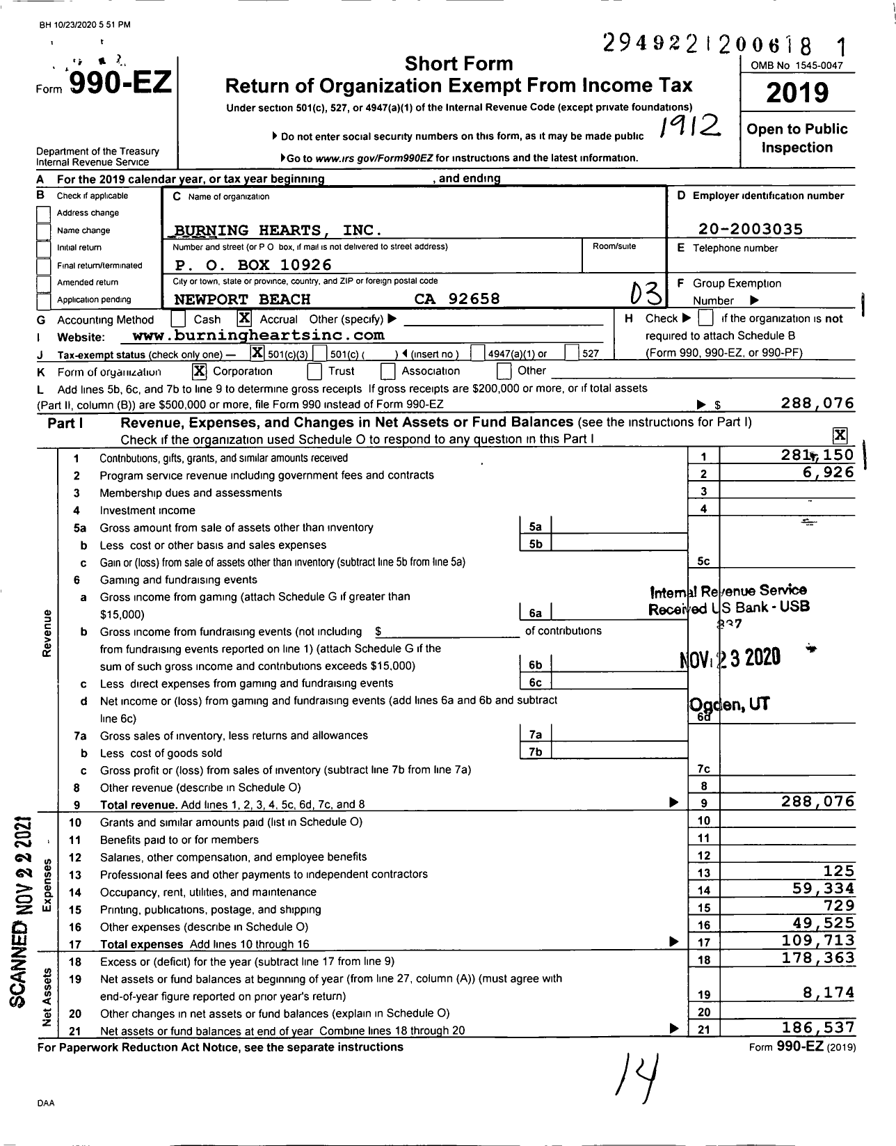 Image of first page of 2019 Form 990EZ for Burning Hearts