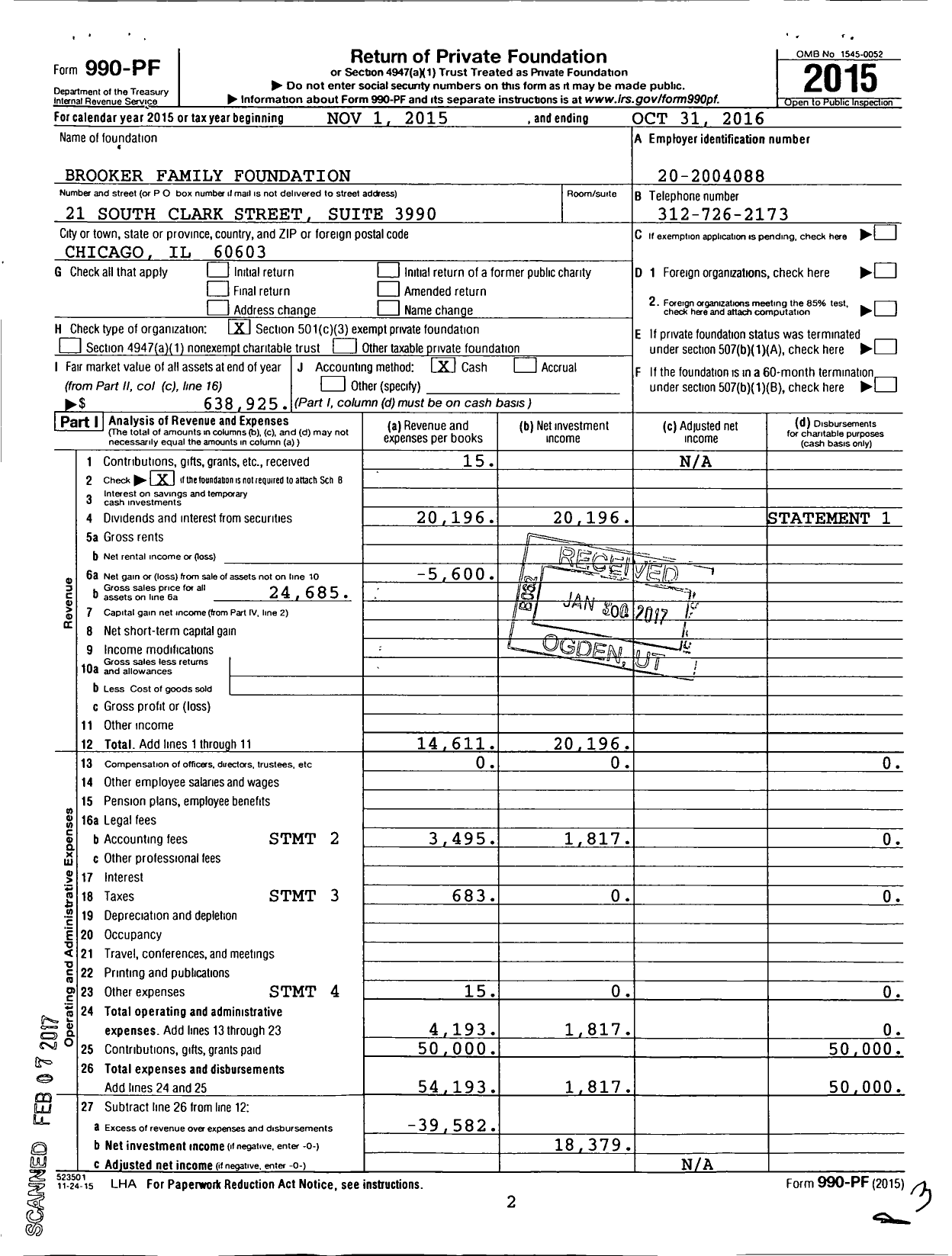 Image of first page of 2015 Form 990PF for Brooker Family Foundation