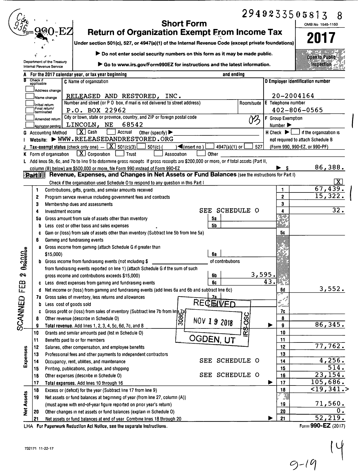 Image of first page of 2017 Form 990EZ for Released and Restored