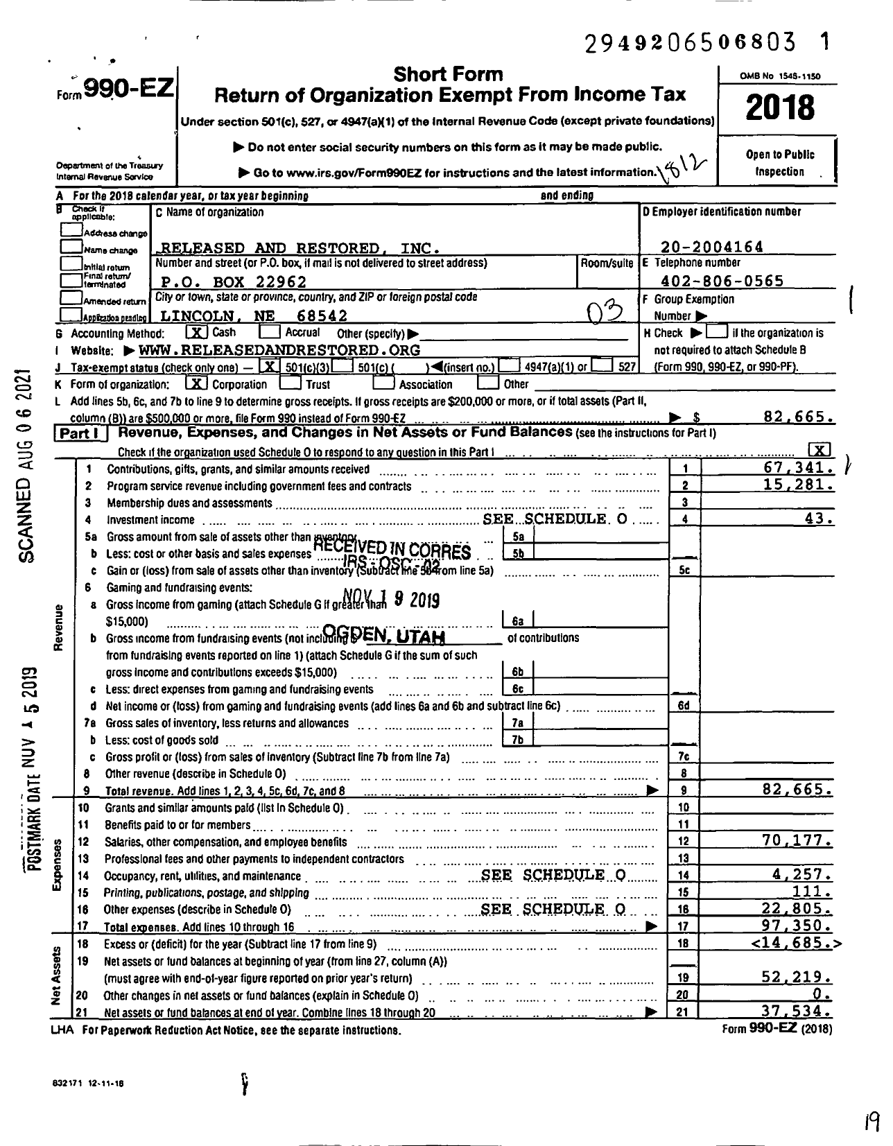 Image of first page of 2018 Form 990EZ for Released and Restored