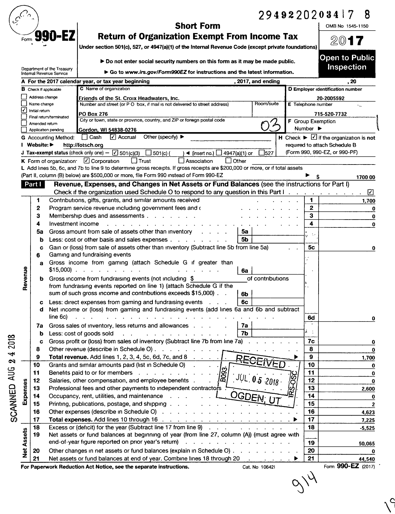 Image of first page of 2017 Form 990EZ for Friends of the St Croix Headwaters