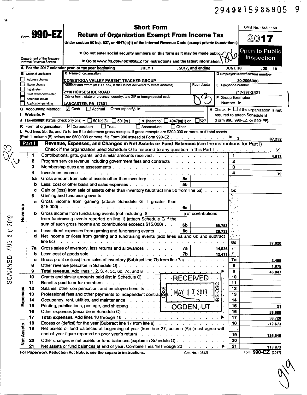 Image of first page of 2017 Form 990EZ for Conestoga Valley Parent Teacher Group