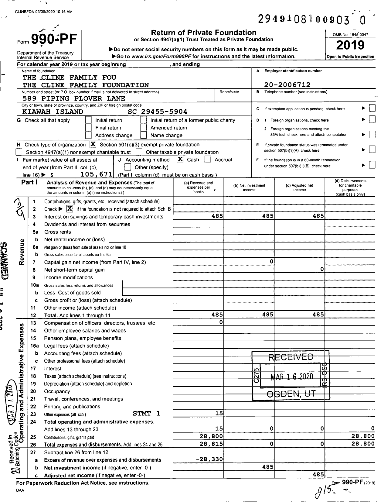 Image of first page of 2019 Form 990PR for The Cline Family Foundation