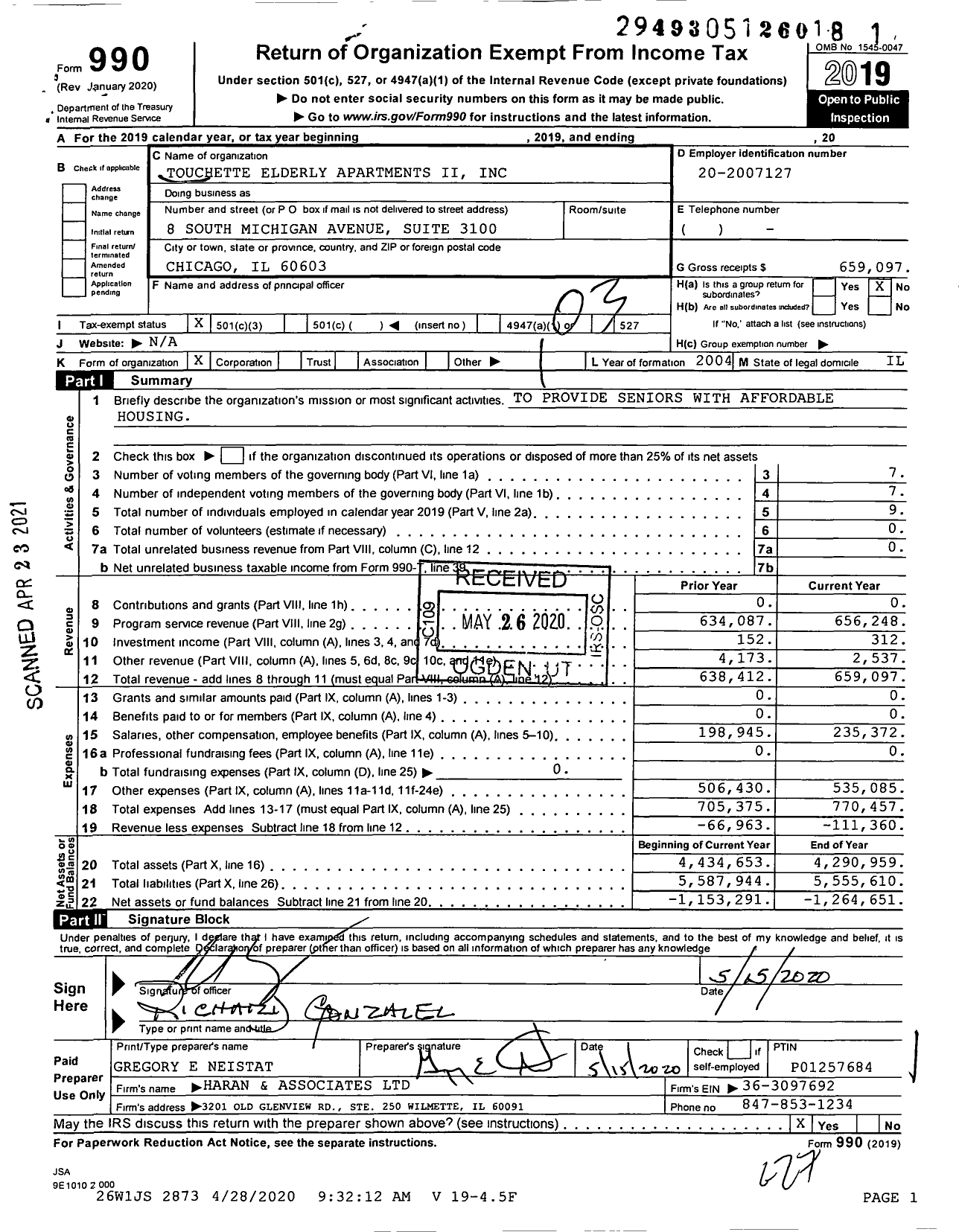 Image of first page of 2019 Form 990 for Touchette Elderly Apartments Ii