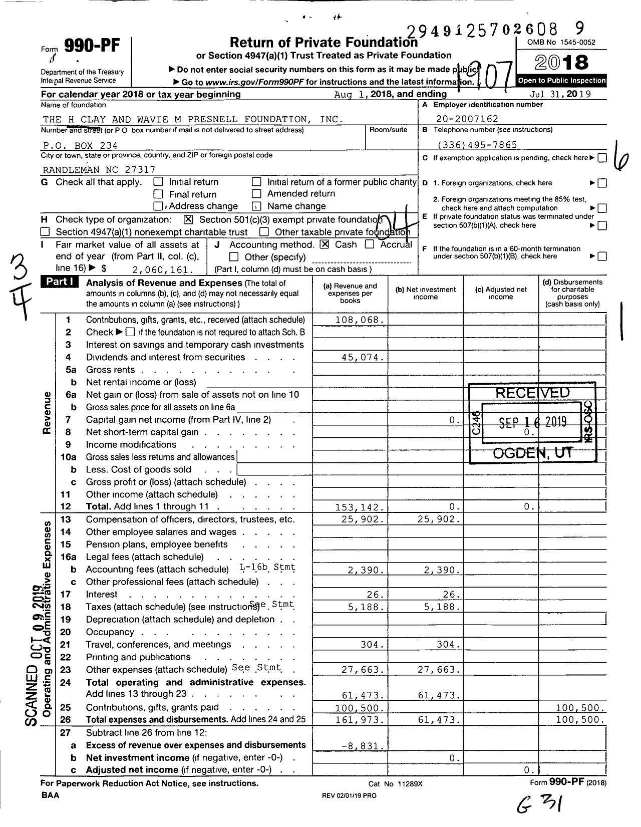 Image of first page of 2018 Form 990PF for The H Clay and Wavie M Presnell Foundation