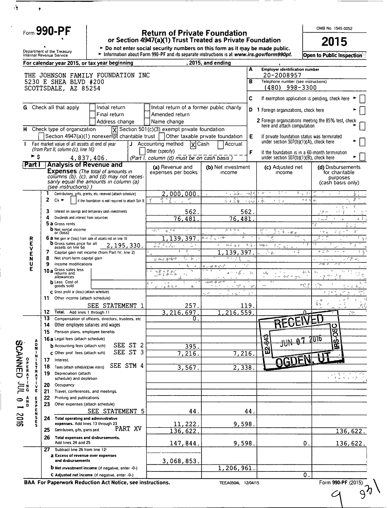 Image of first page of 2015 Form 990PF for Johnson Family Foundation