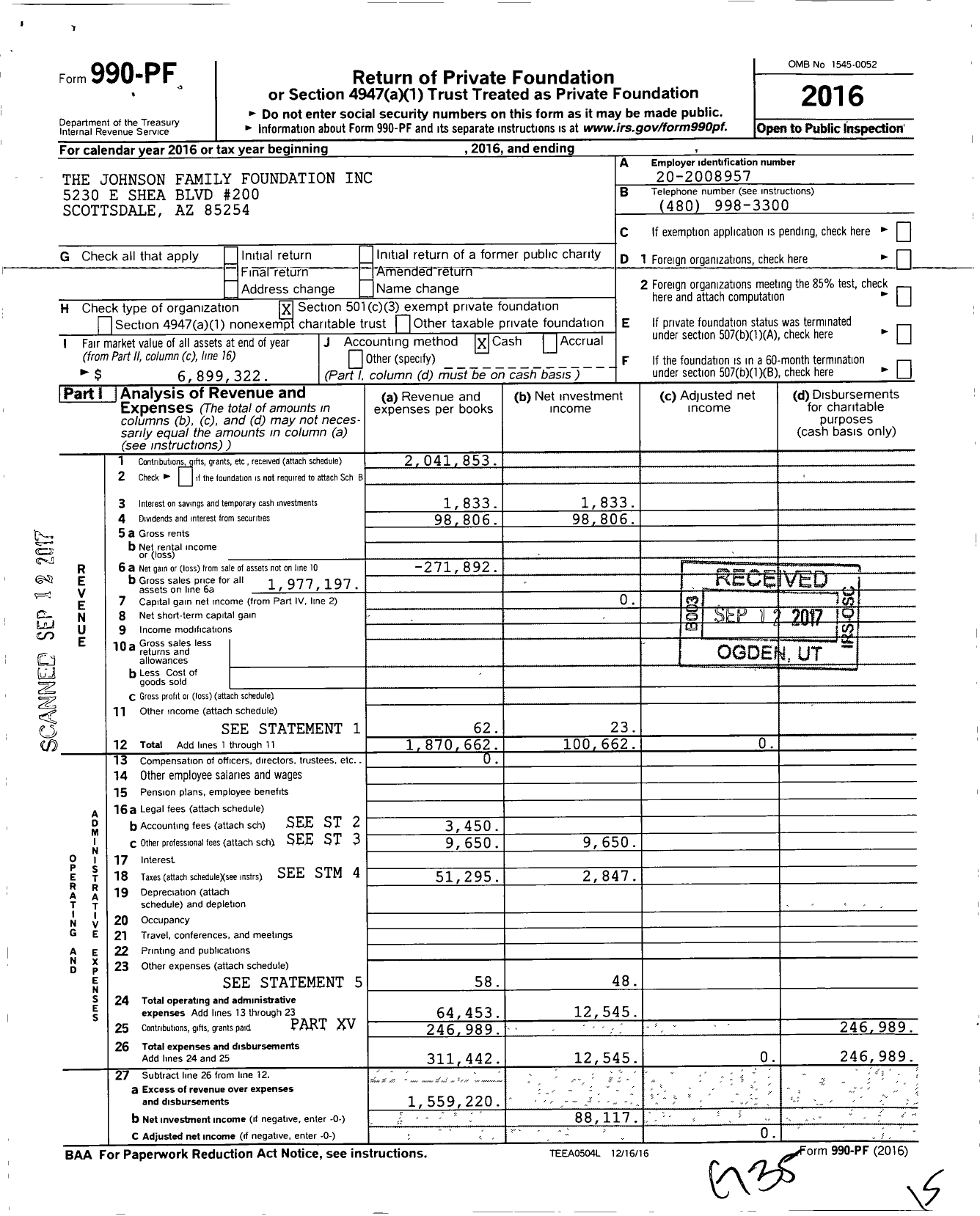 Image of first page of 2016 Form 990PF for Johnson Family Foundation