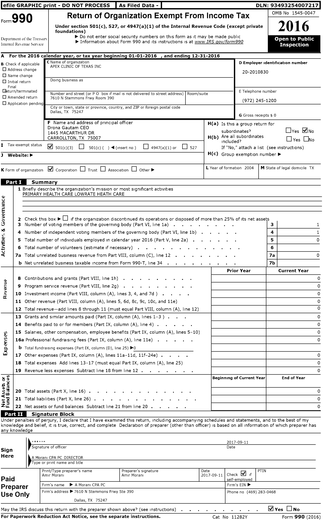 Image of first page of 2016 Form 990 for Apex Clinic of Texas
