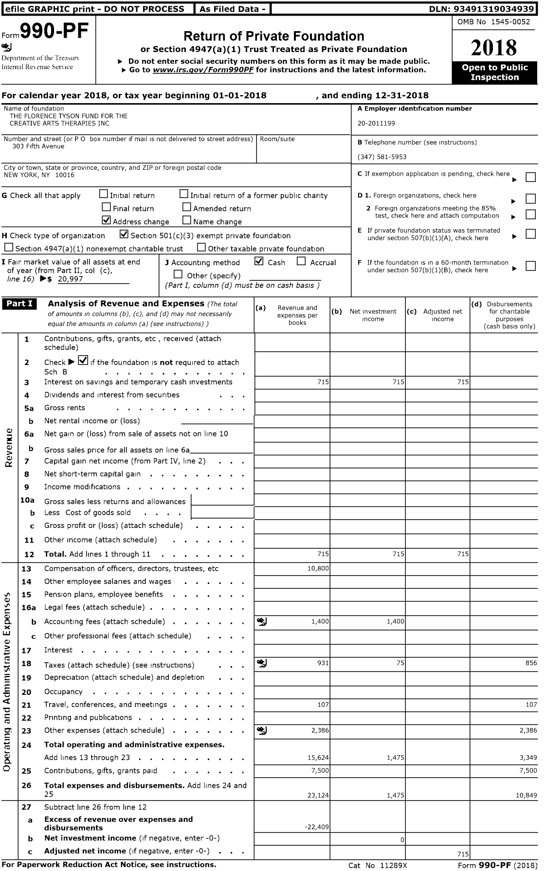 Image of first page of 2018 Form 990PF for The Florence Tyson Fund for the Creative Arts Therapies