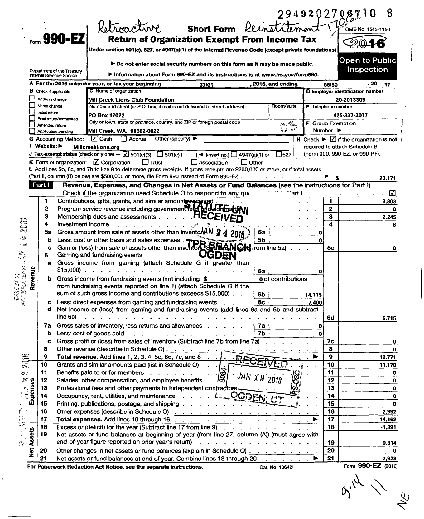 Image of first page of 2016 Form 990EZ for Mill Creek Lions Club Foundation