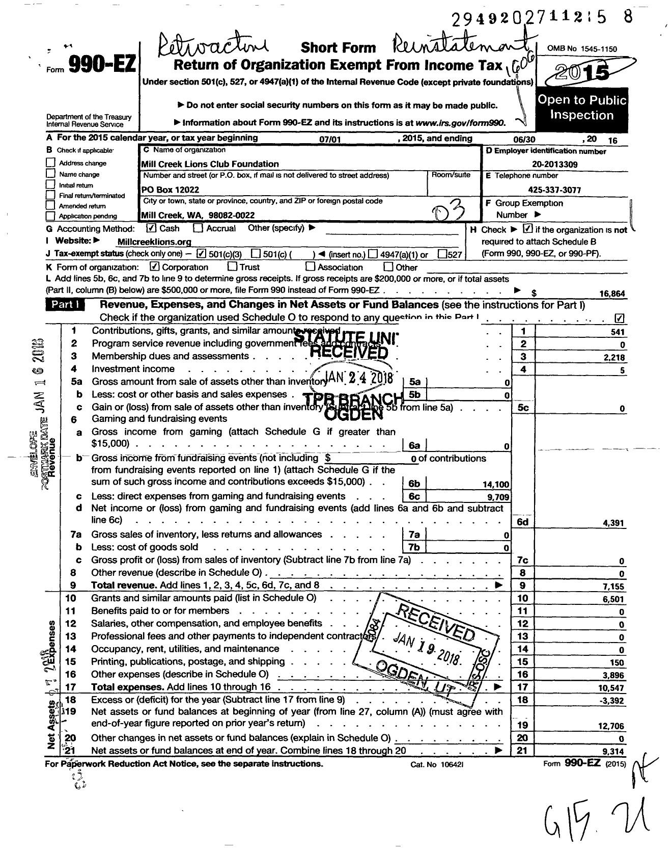 Image of first page of 2015 Form 990EZ for Mill Creek Lions Club Foundation