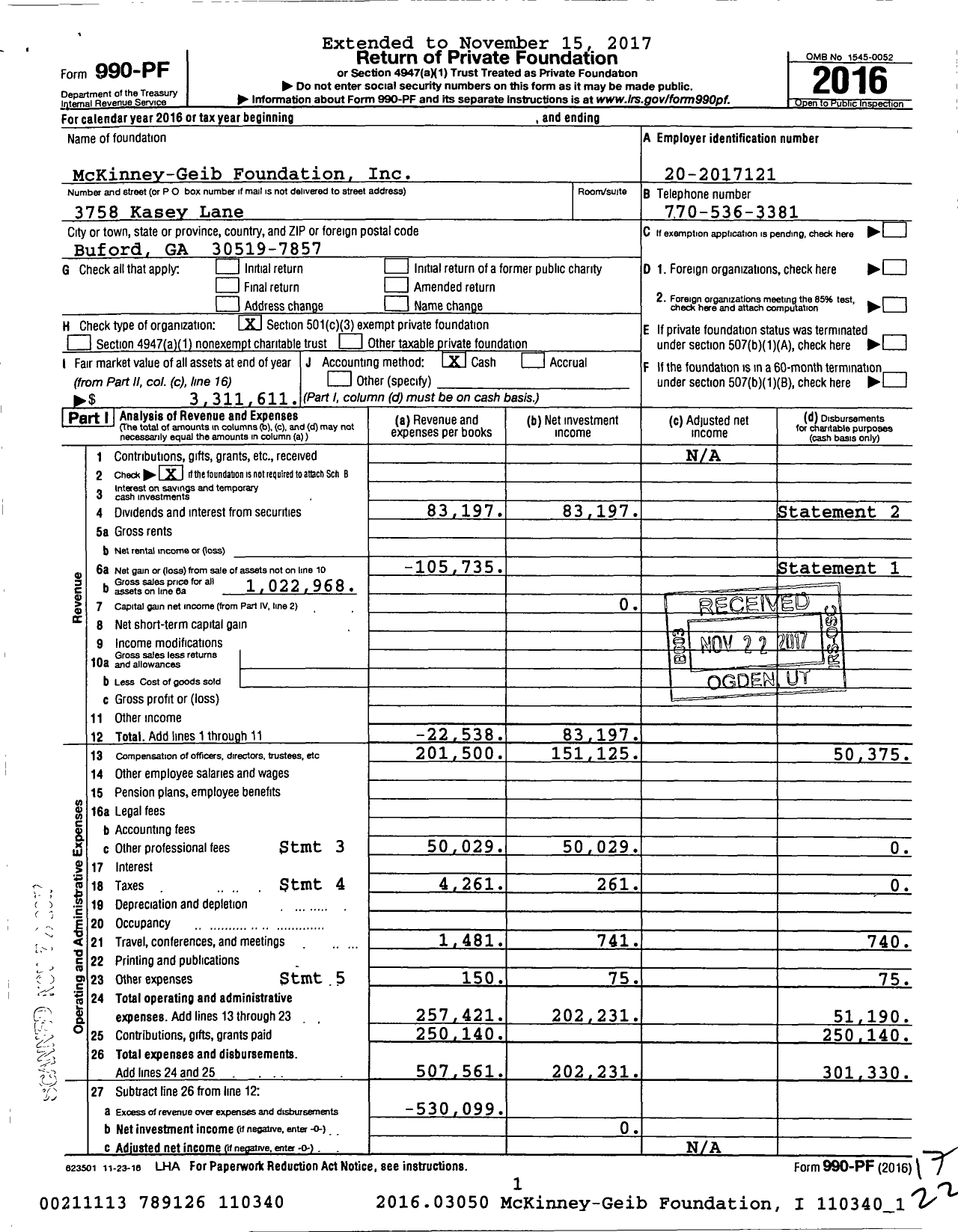 Image of first page of 2016 Form 990PF for McKinney-Geib Foundation