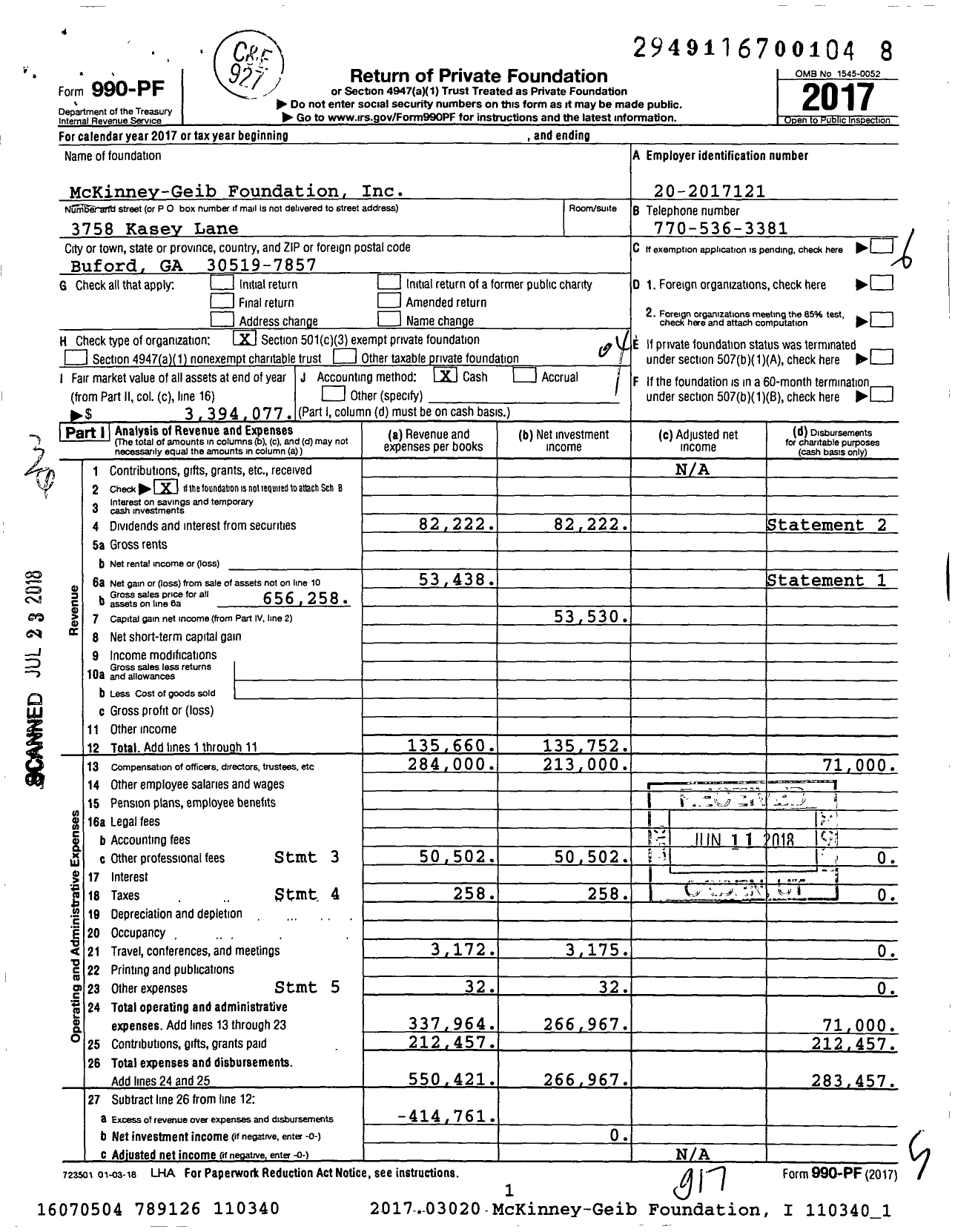 Image of first page of 2017 Form 990PF for McKinney-Geib Foundation