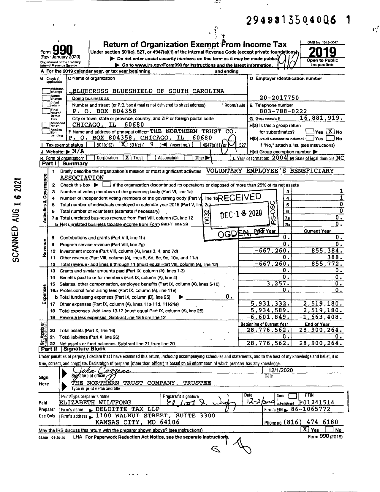 Image of first page of 2019 Form 990O for Bluecross Blueshield of South Carolina