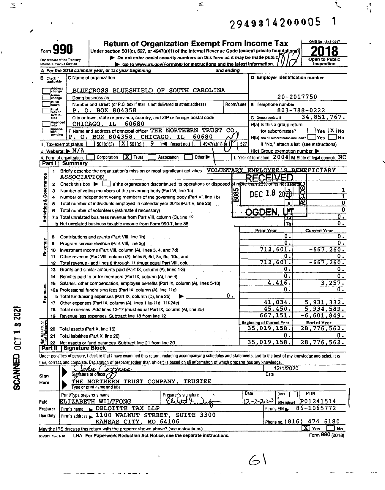 Image of first page of 2018 Form 990O for Bluecross Blueshield of South Carolina