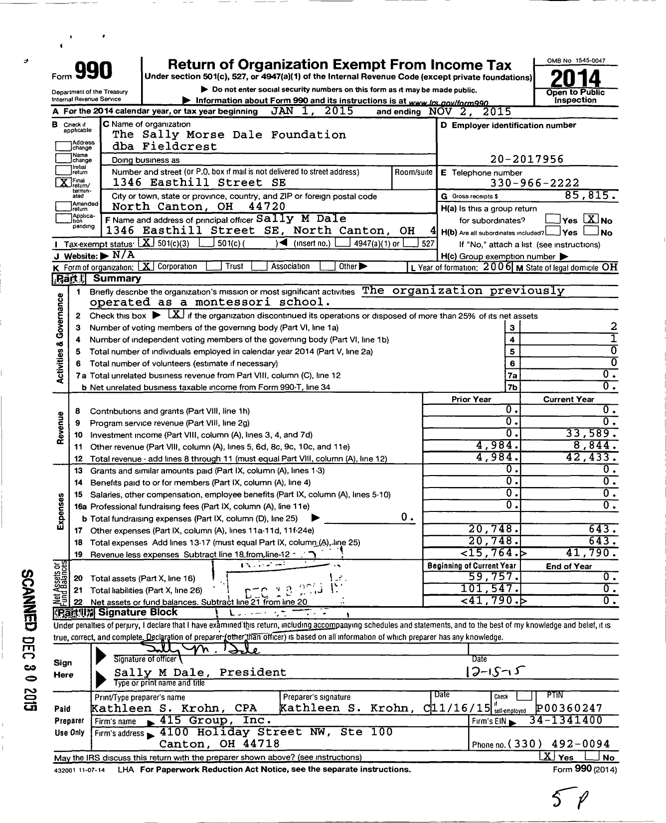 Image of first page of 2014 Form 990 for Fieldcrest