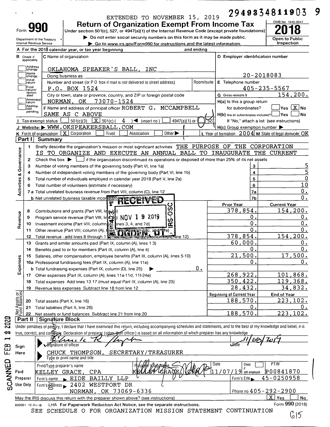 Image of first page of 2018 Form 990O for Oklahoma Speaker's Ball