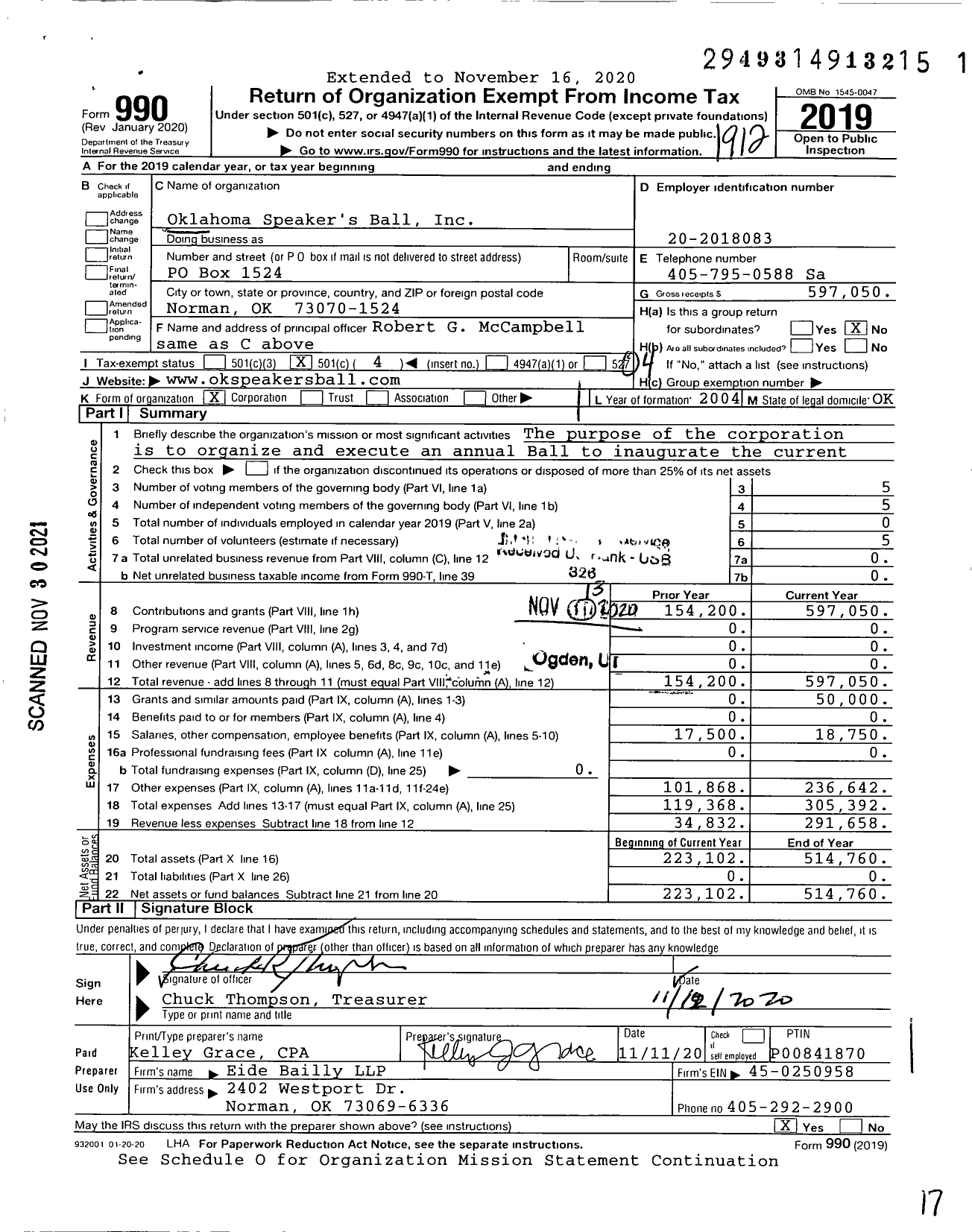 Image of first page of 2019 Form 990O for Oklahoma Speaker's Ball