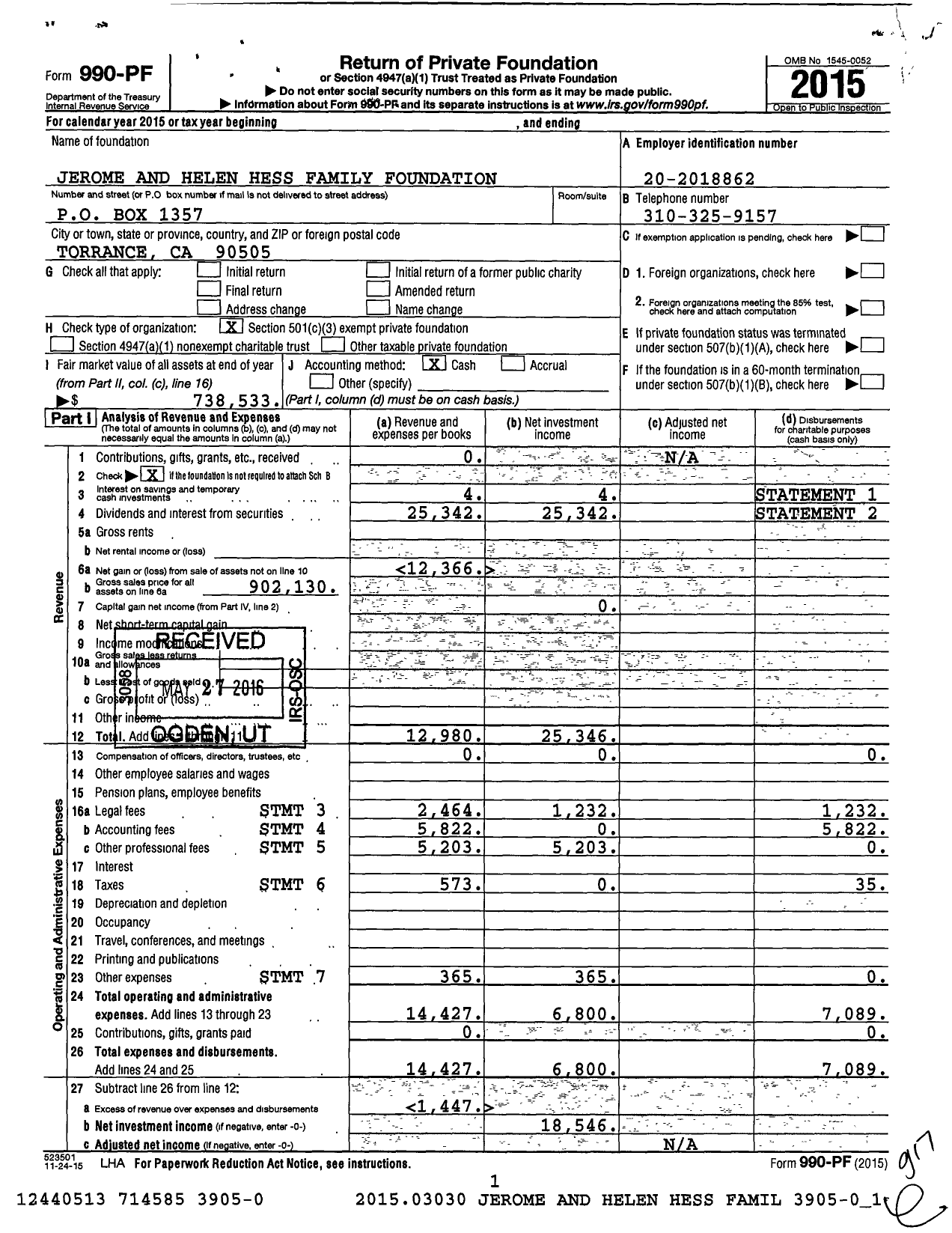 Image of first page of 2015 Form 990PF for Jerome and Helen Hess Family Foundation