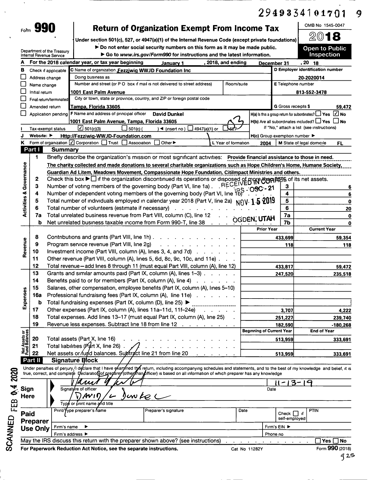 Image of first page of 2018 Form 990 for Fezziwig WWJD Foundation