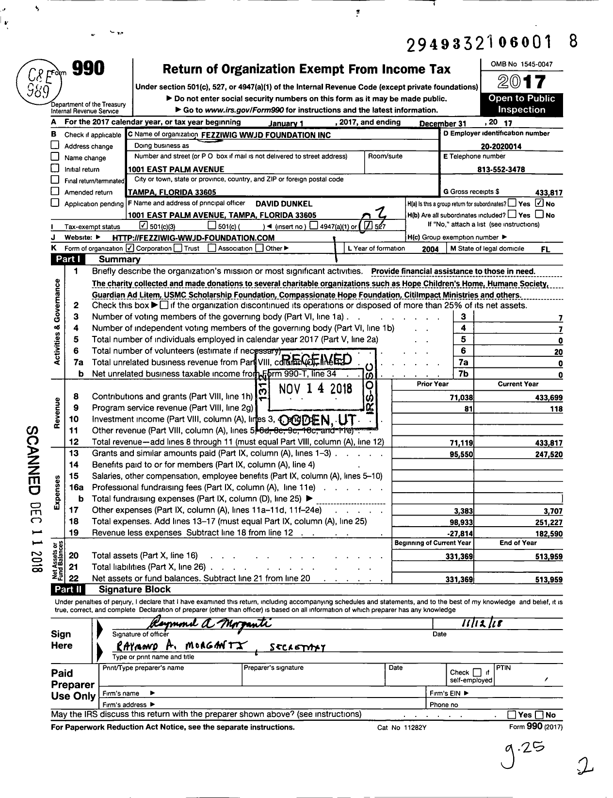 Image of first page of 2017 Form 990 for Fezziwig WWJD Foundation