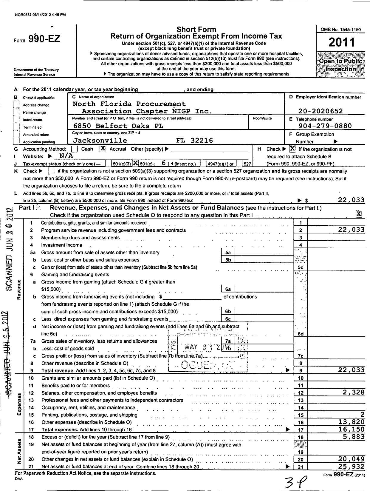 Image of first page of 2011 Form 990EO for National Institute of Governmental Purchasing / North Florida Procurement Assoc