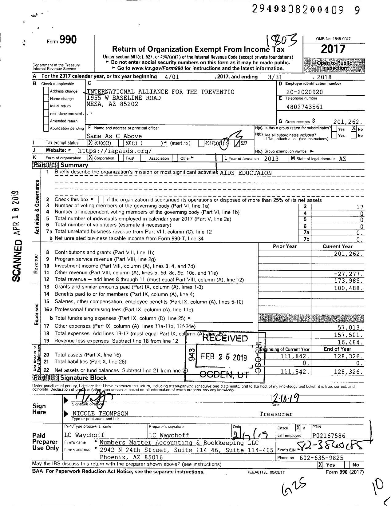 Image of first page of 2017 Form 990 for International Alliance for the Prevantion of Aids