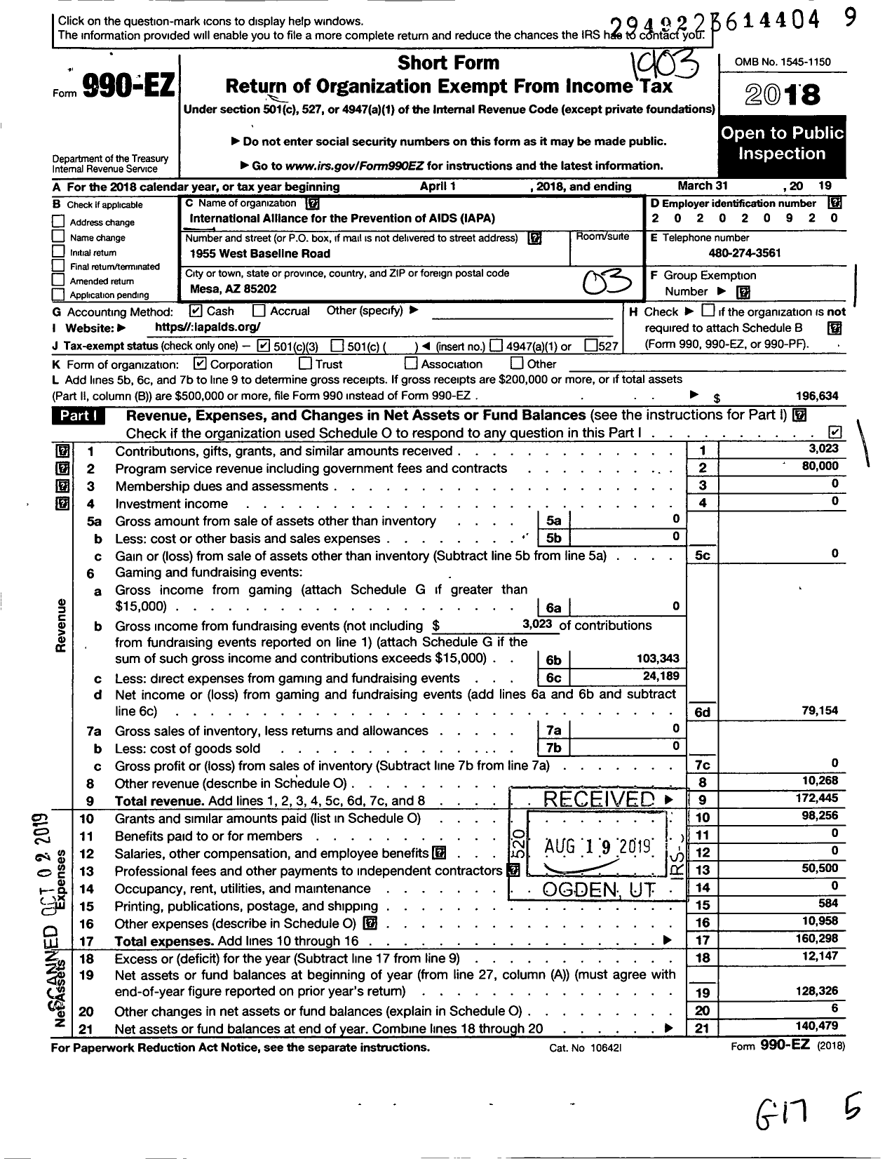 Image of first page of 2018 Form 990EZ for International Alliance for the Prevantion of Aids