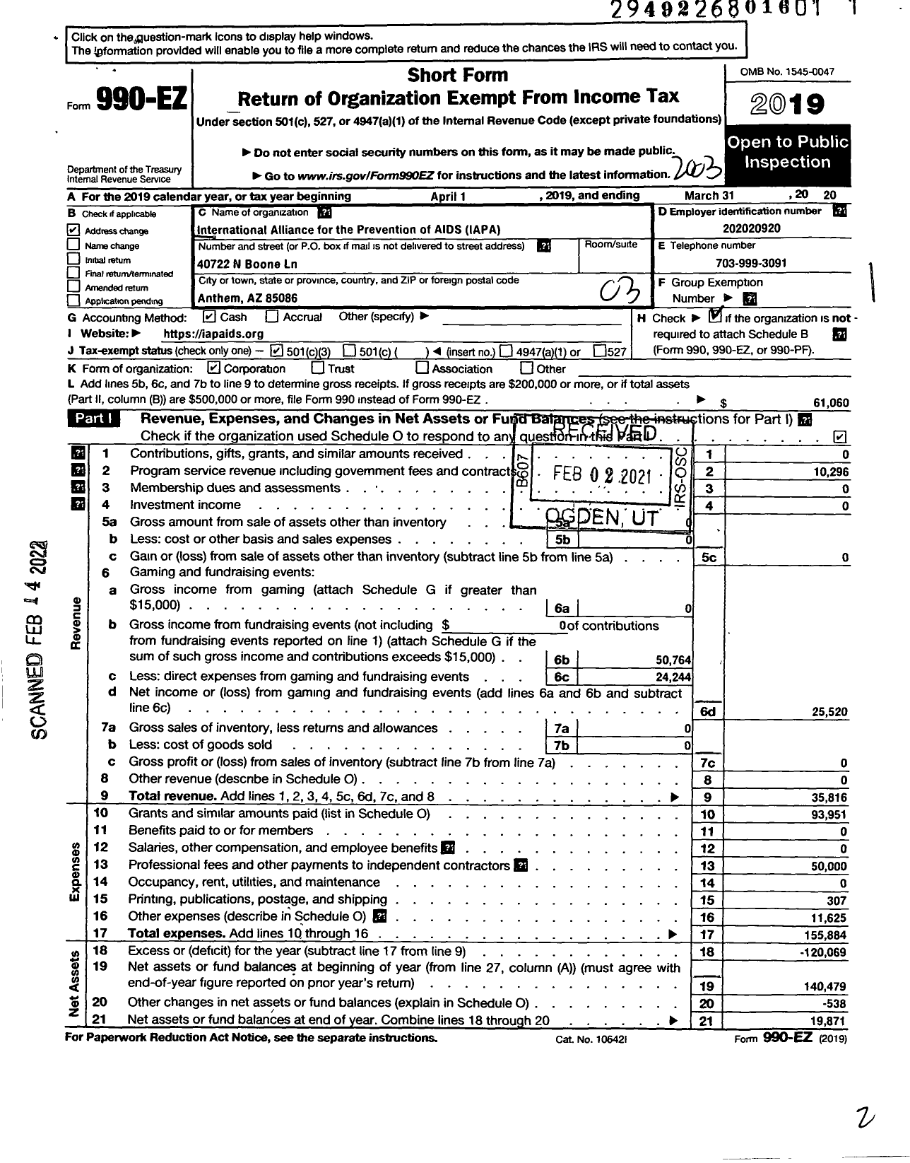 Image of first page of 2019 Form 990EZ for International Alliance for the Prevantion of Aids