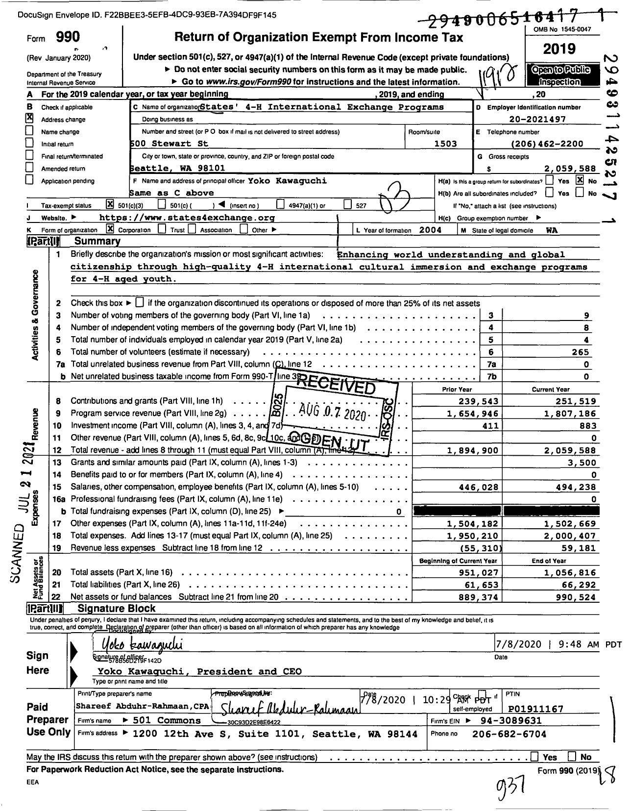Image of first page of 2019 Form 990 for States 4-H International Exchange Programs