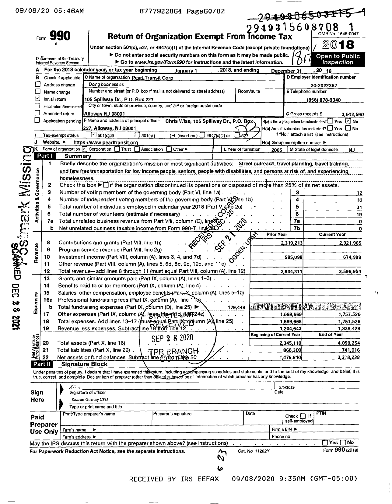 Image of first page of 2018 Form 990 for Pearl Transit