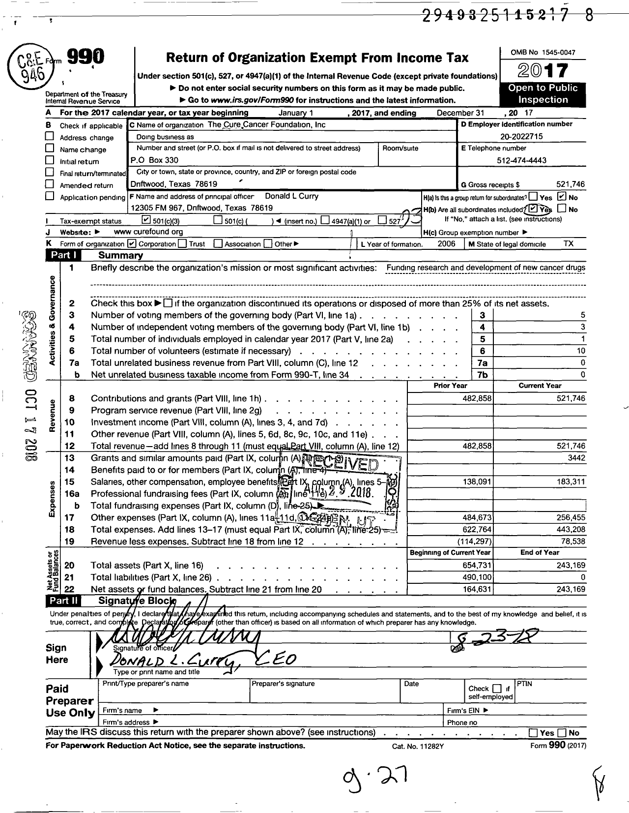 Image of first page of 2017 Form 990 for The Cure Cancer Foundation