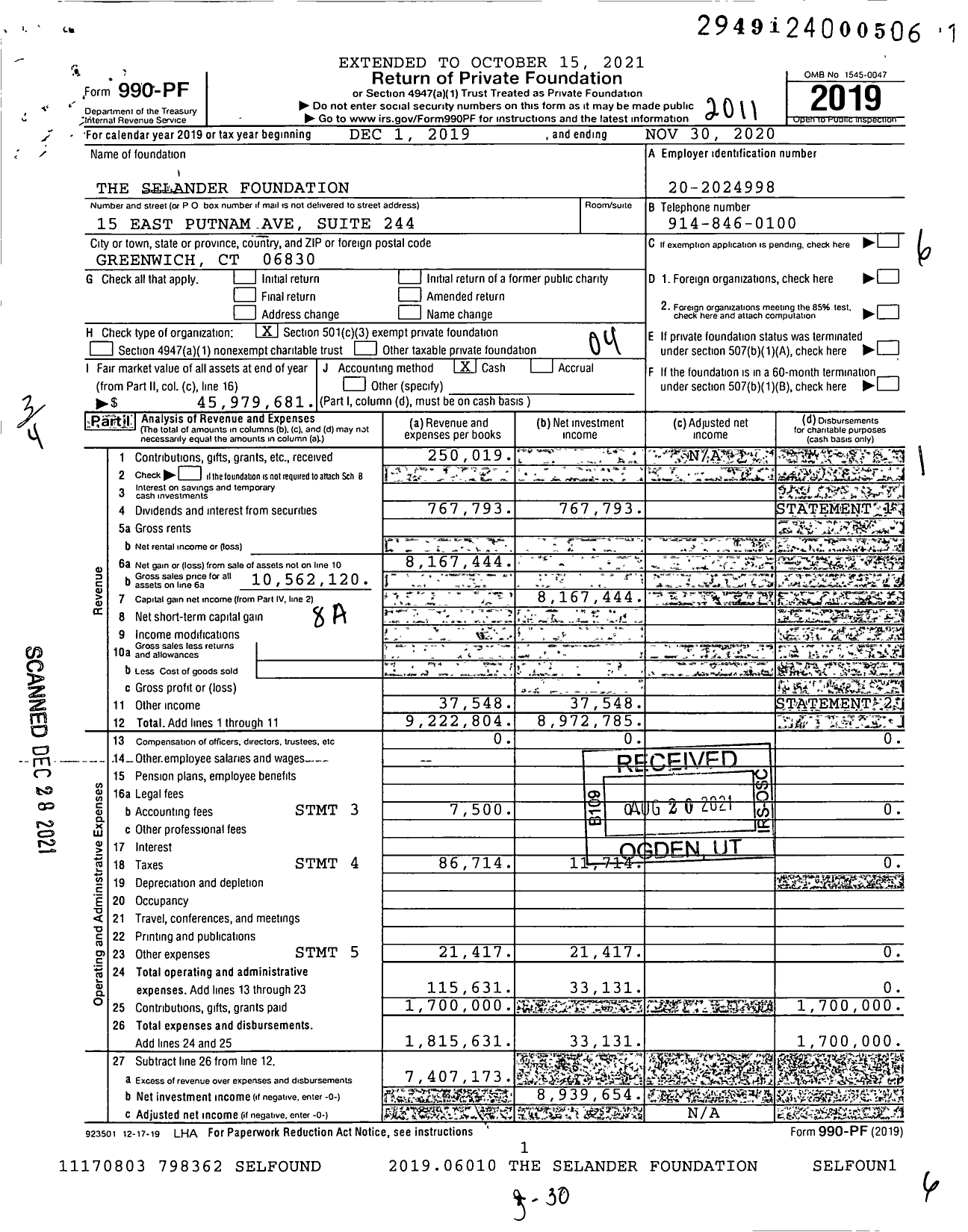 Image of first page of 2019 Form 990PF for The Selander Foundation