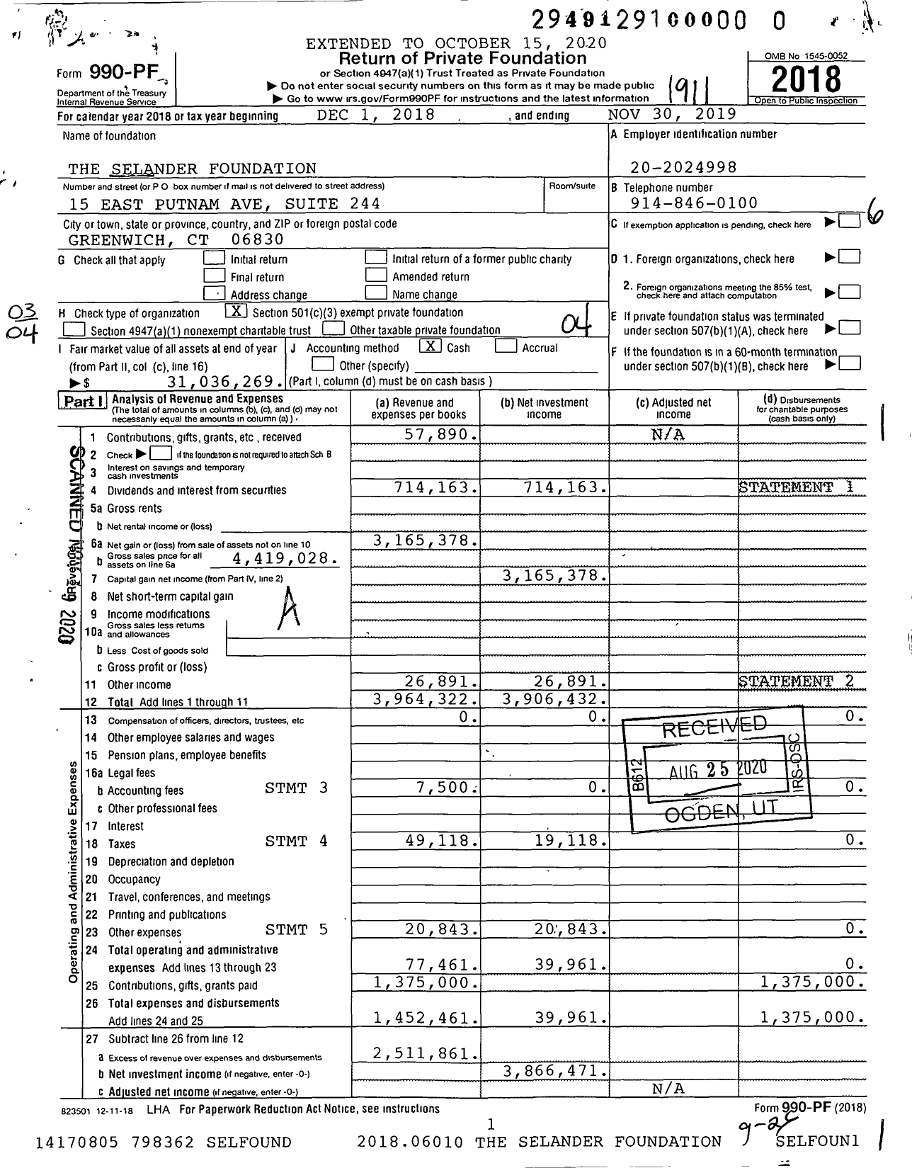 Image of first page of 2018 Form 990PF for The Selander Foundation