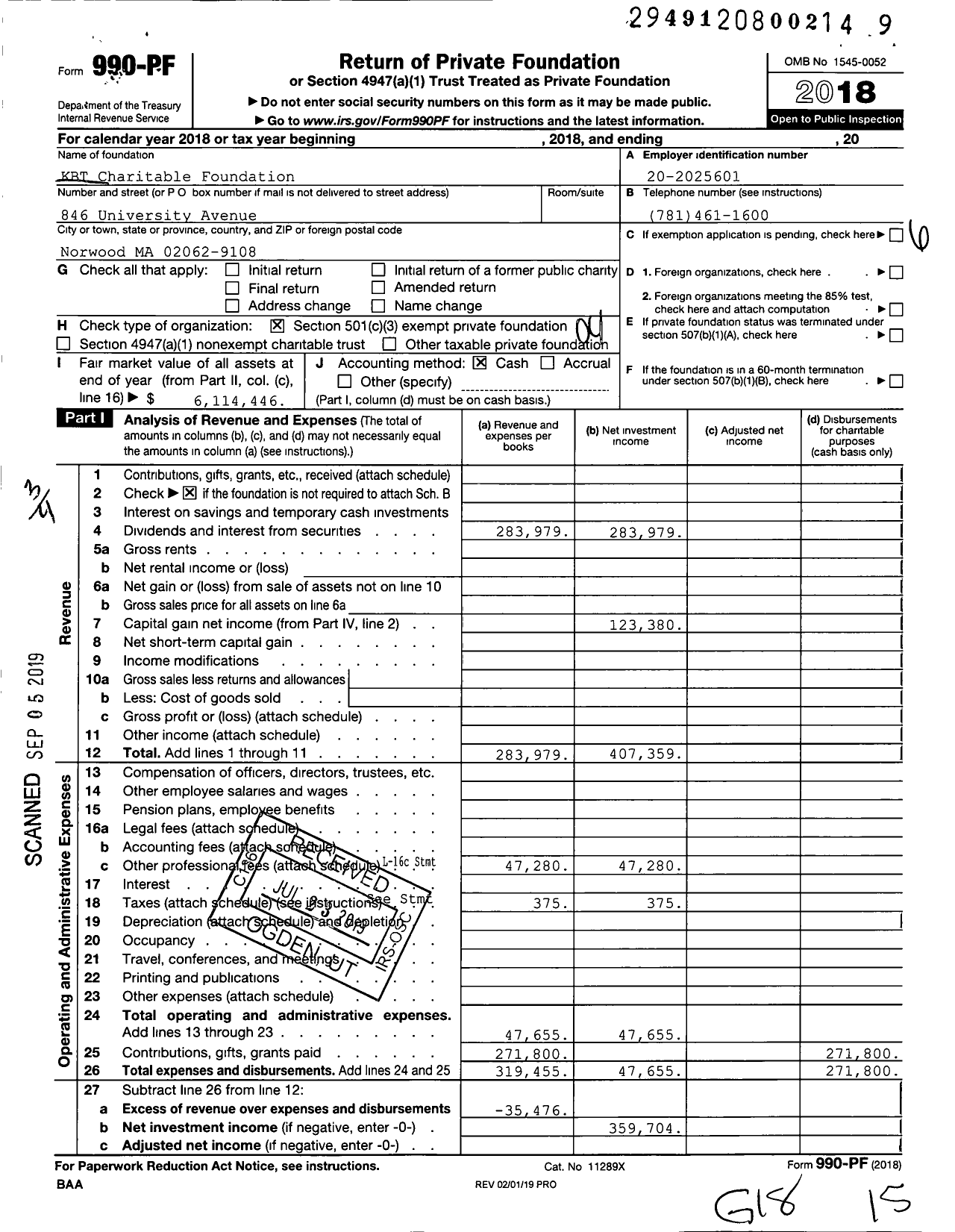 Image of first page of 2018 Form 990PF for KBT Charitable Foundation