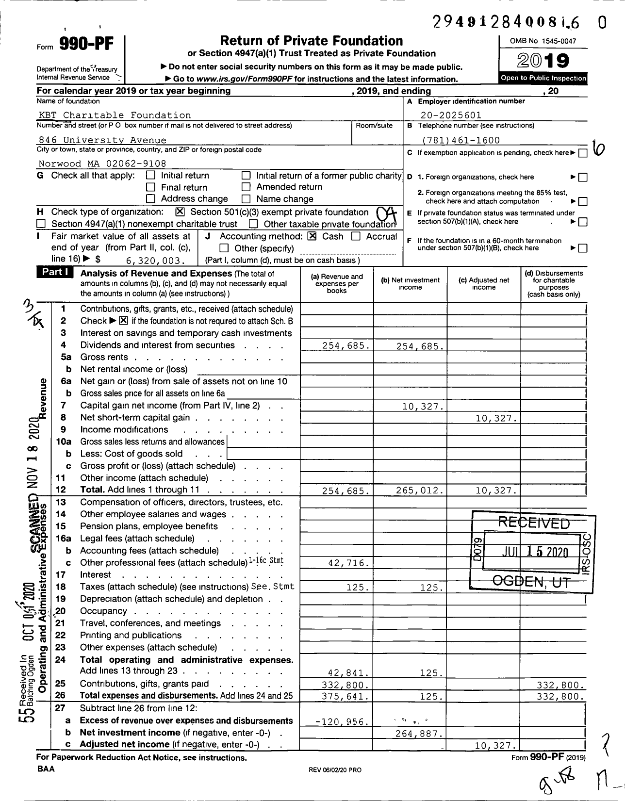 Image of first page of 2019 Form 990PF for KBT Charitable Foundation