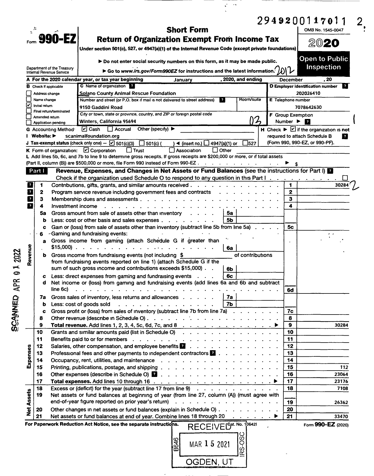 Image of first page of 2020 Form 990EZ for Solano County Animal Rescue Foundation