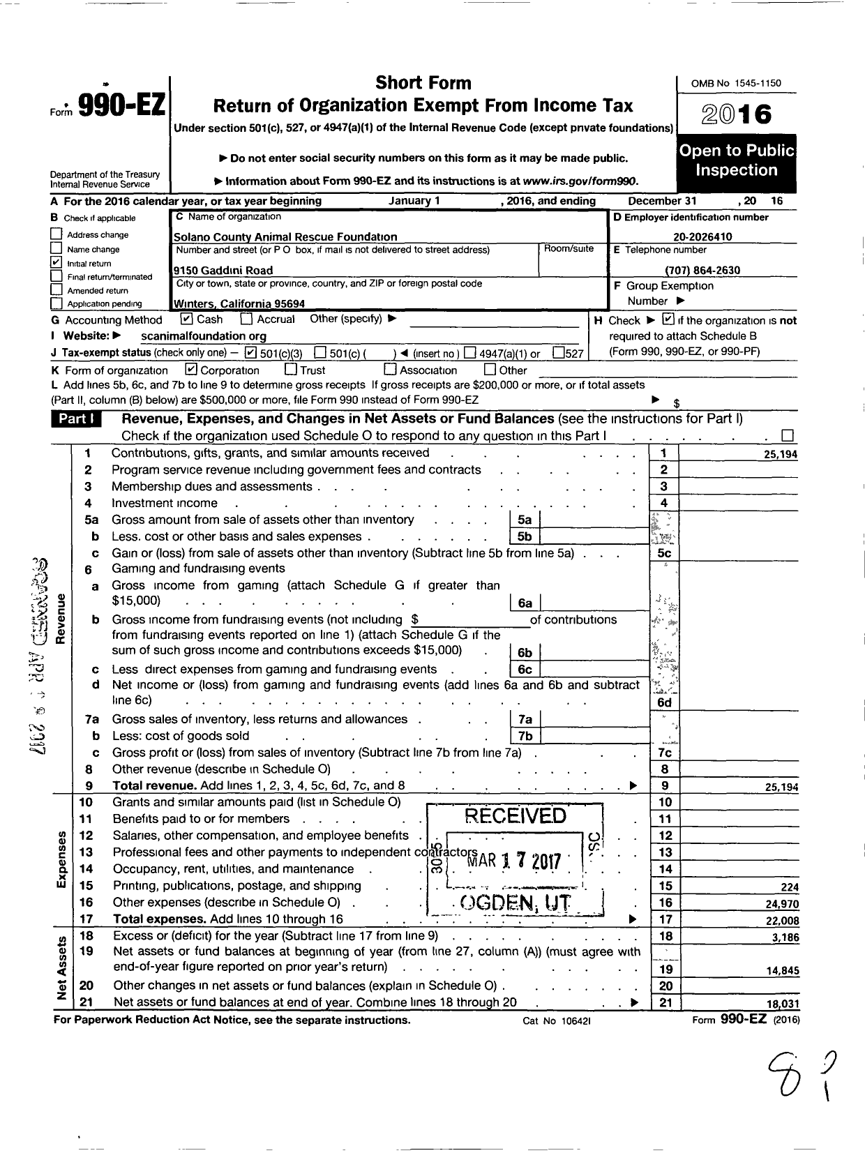 Image of first page of 2016 Form 990EZ for Solano County Animal Rescue Foundation