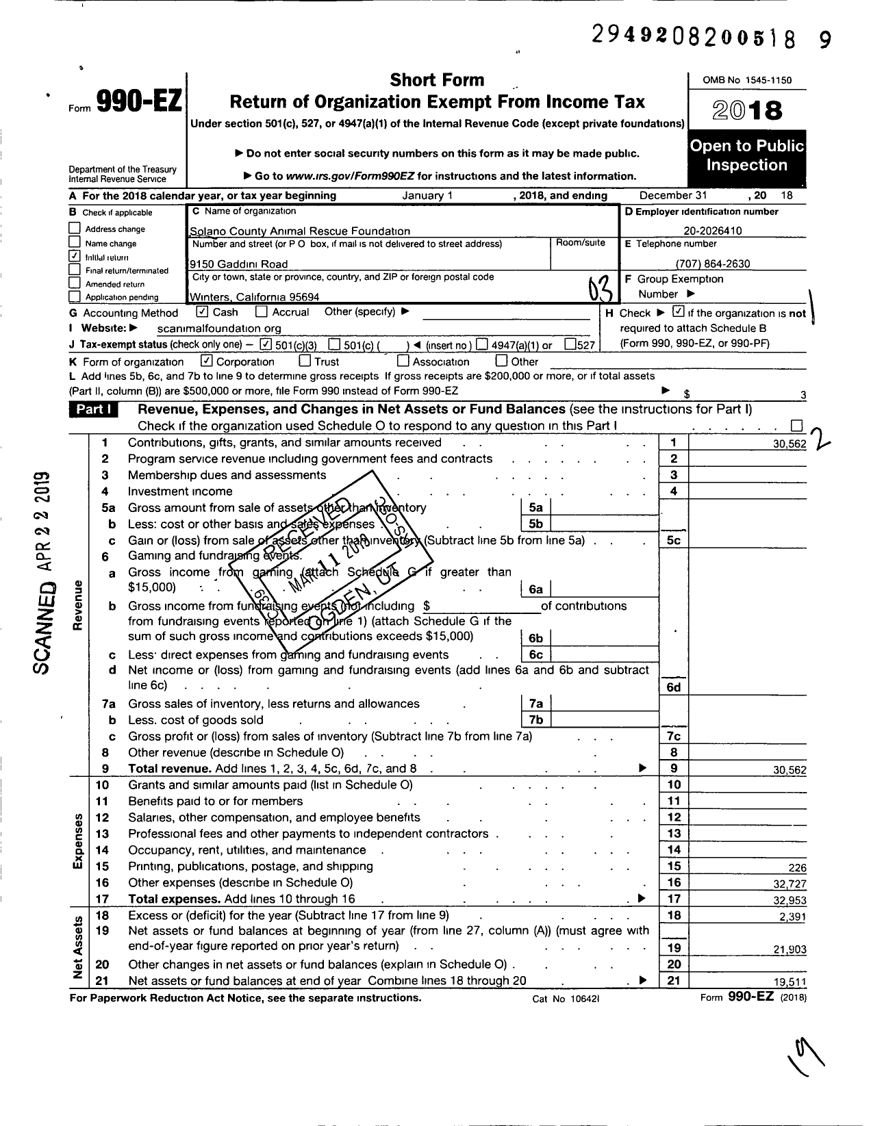 Image of first page of 2018 Form 990EZ for Solano County Animal Rescue Foundation