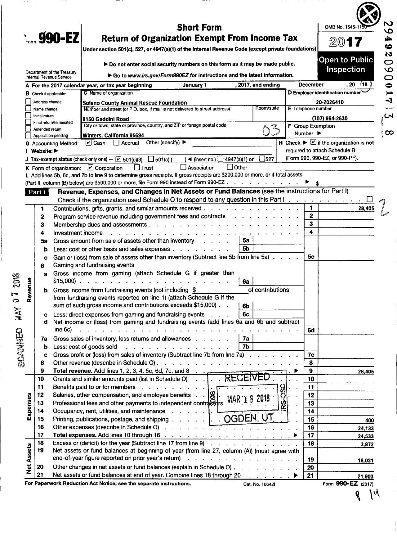 Image of first page of 2017 Form 990EZ for Solano County Animal Rescue Foundation