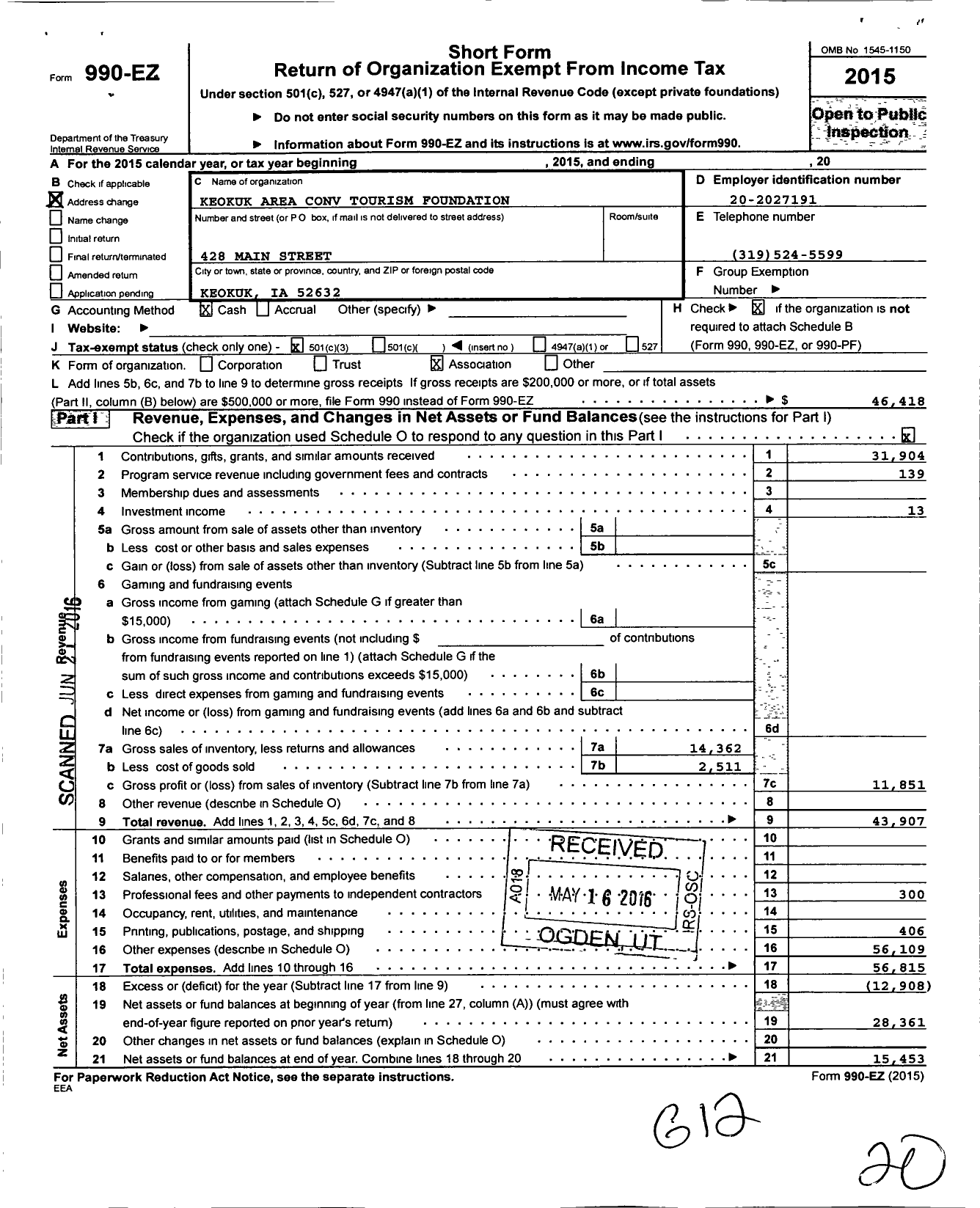 Image of first page of 2015 Form 990EZ for Keokuk Area Convention Center and Tourism Bureau Foundation