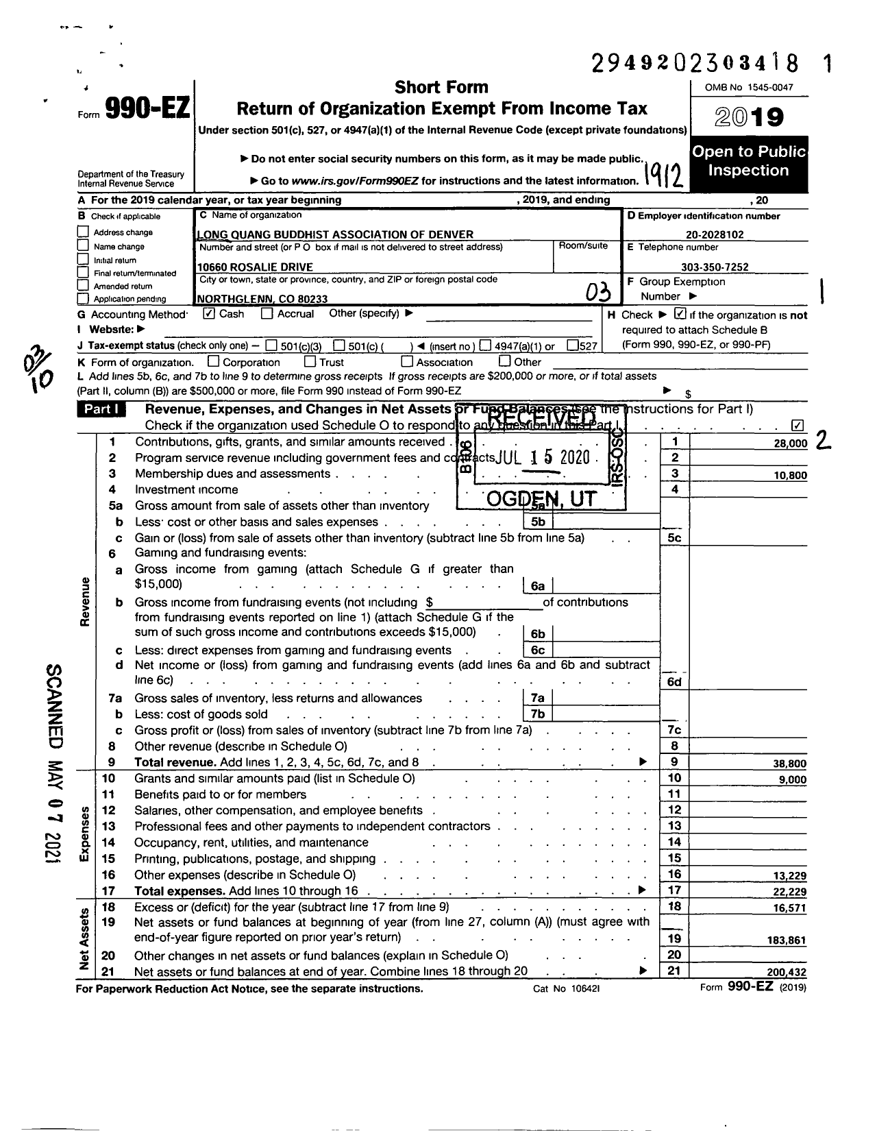 Image of first page of 2019 Form 990EZ for Long Quang Buddist Association of Denver