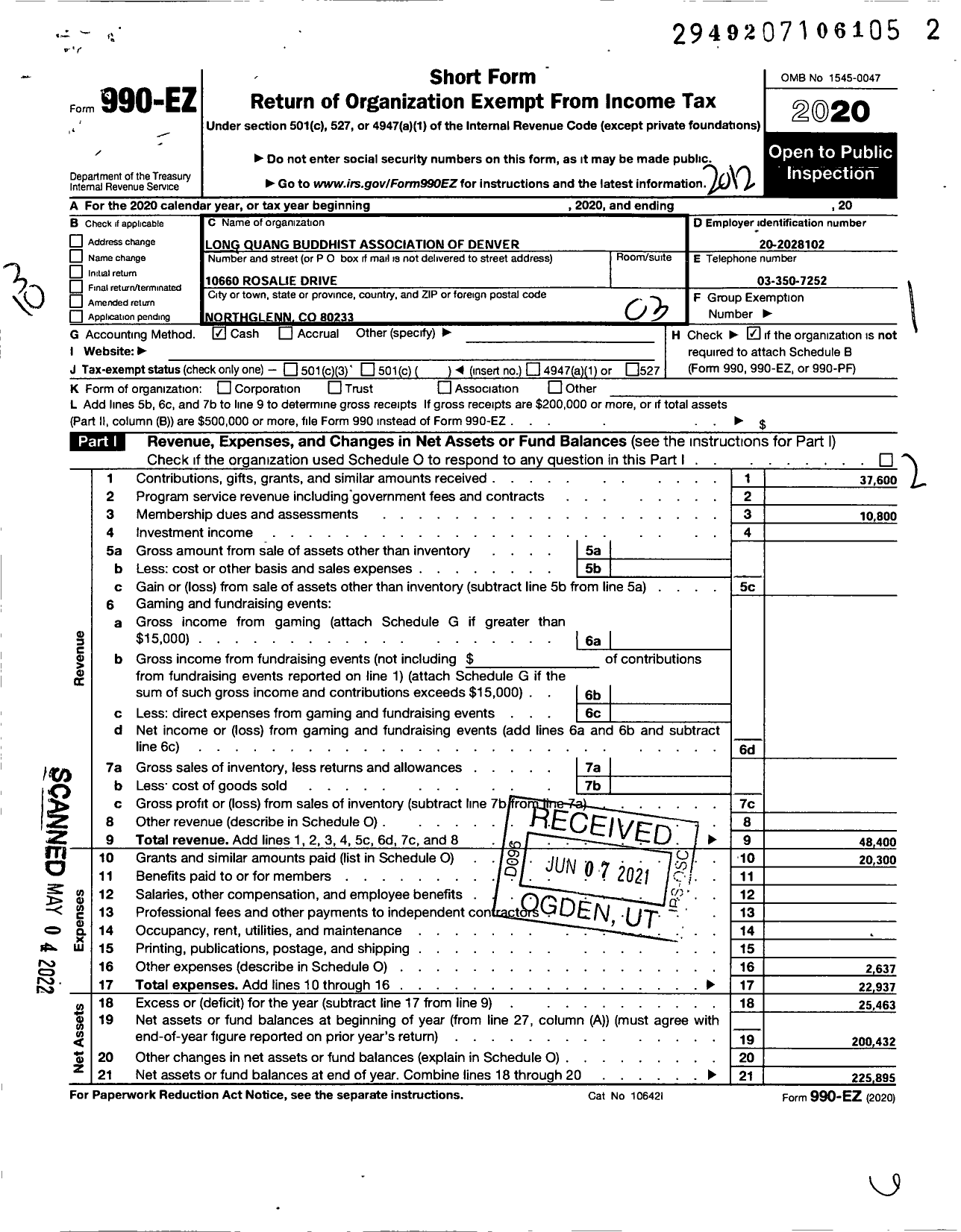 Image of first page of 2020 Form 990EZ for Long Quang Buddist Association of Denver