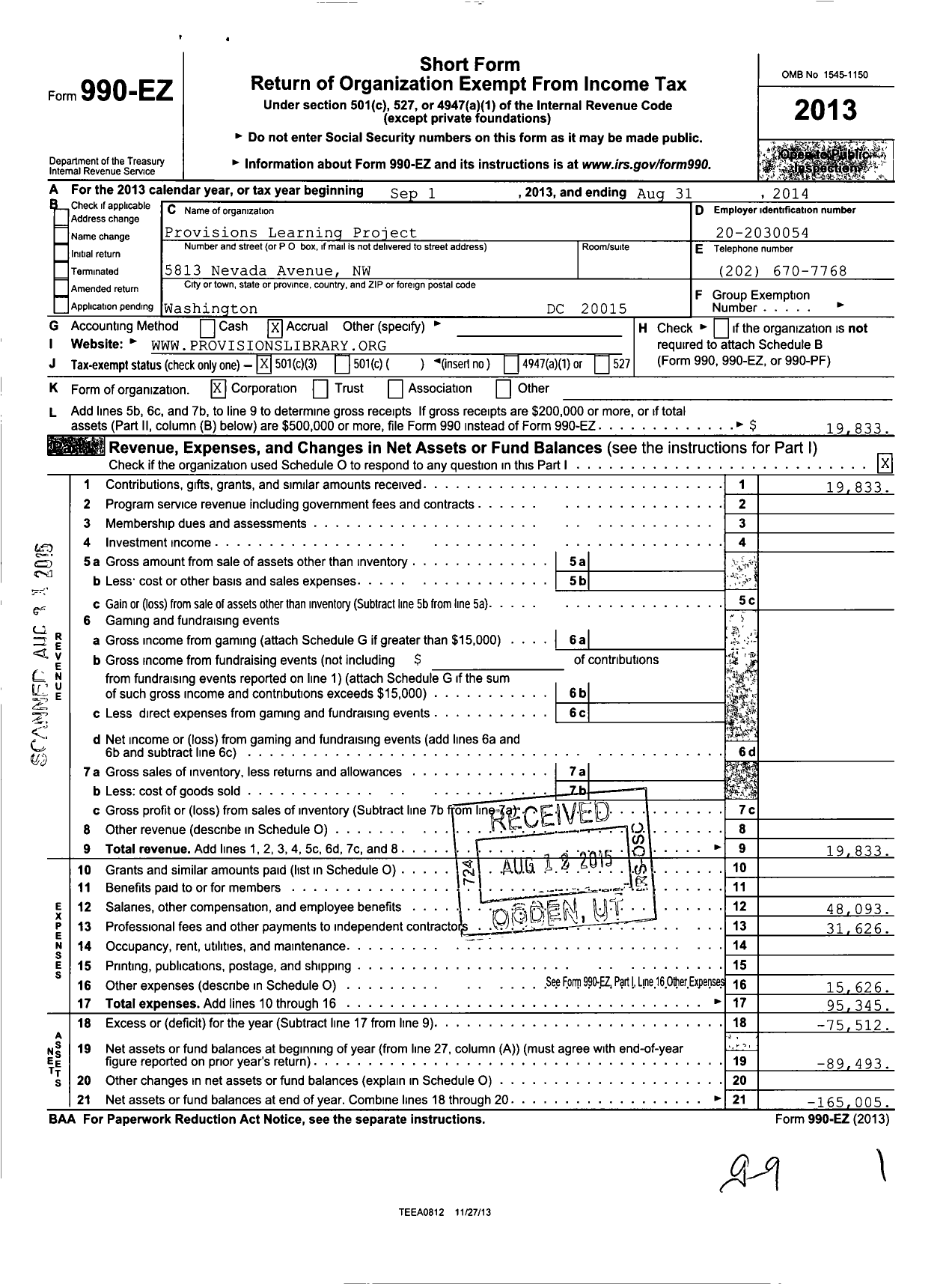 Image of first page of 2013 Form 990EZ for Provisions Learning Project