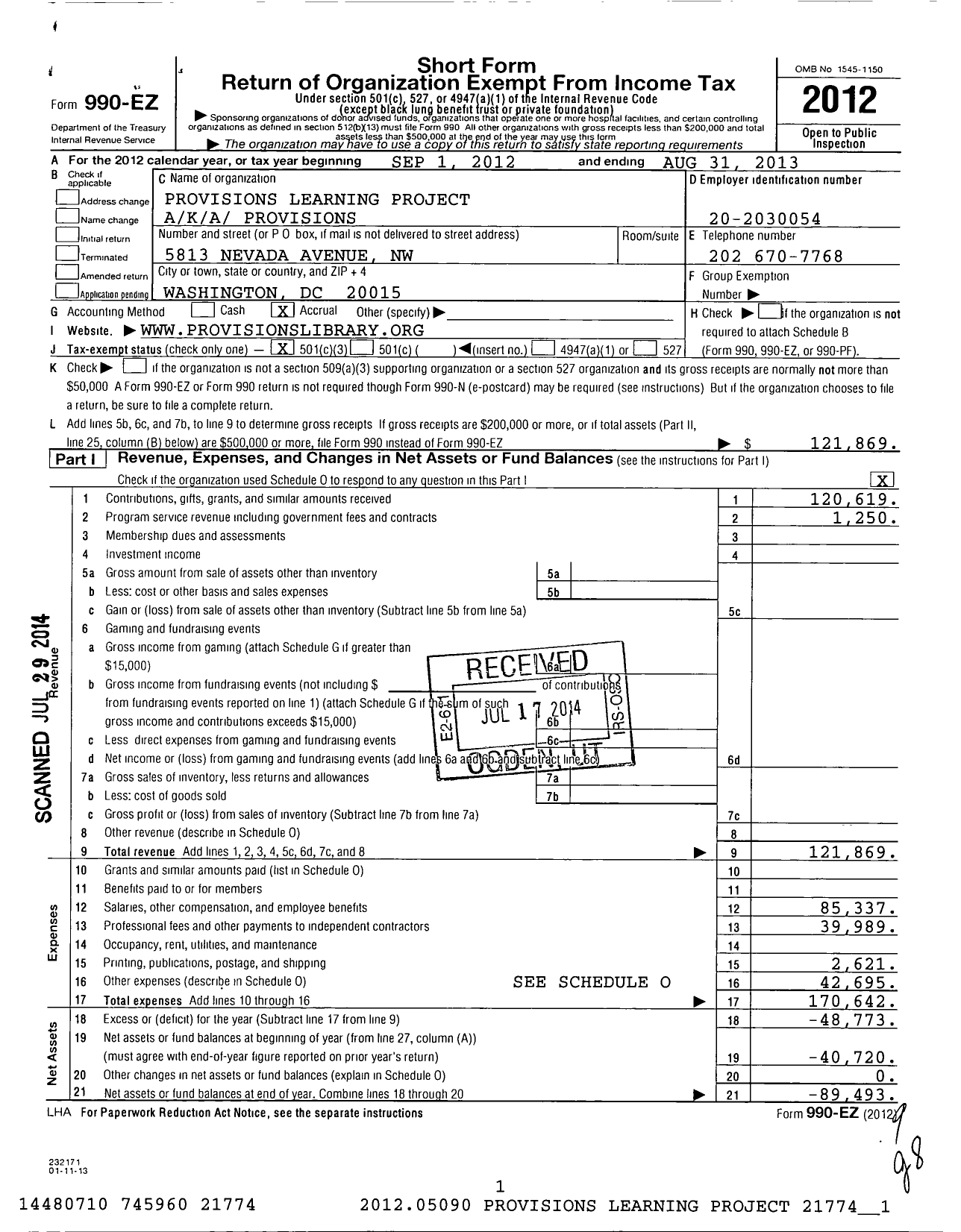 Image of first page of 2012 Form 990EZ for Provisions Learning Project